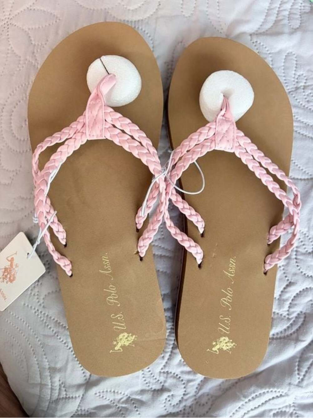 U.S. Polo Assn. Women’s Pink/Tan Leather Braided Thong Flip Flop Sandals